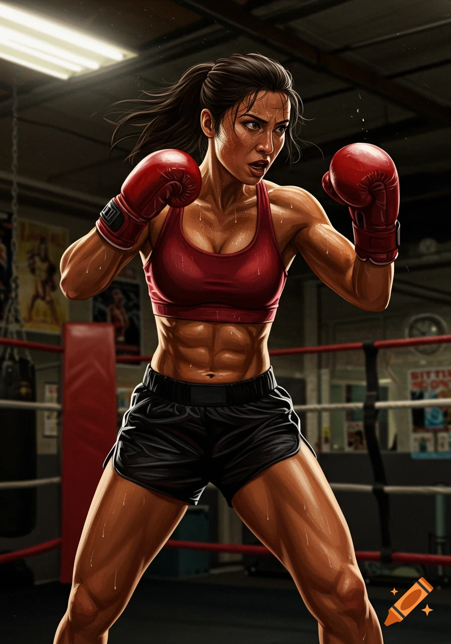A muscular female boxer in red athletic wear and boxing gloves stands in a fighting stance inside a boxing ring, depicted in a digital art style.