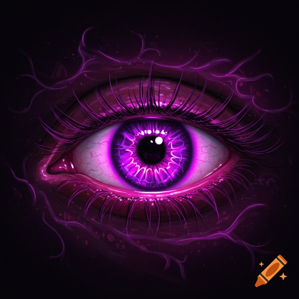 A vibrant, detailed neon purple eye with glowing patterns, long lashes, and a subtle purple aura on a dark background.