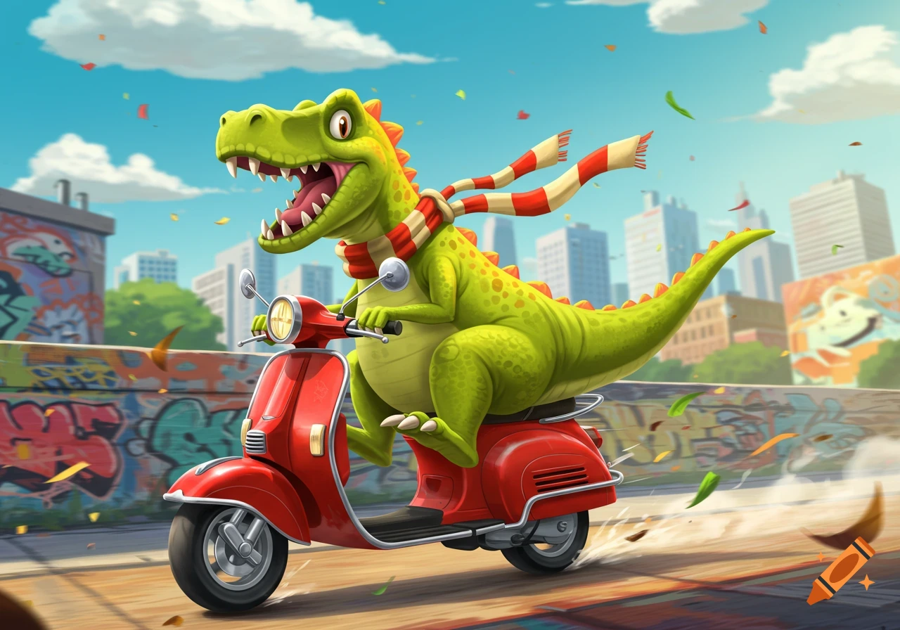 Vibrant green cartoon dinosaur on a red scooter with a flowing scarf, speeding through a city street past graffiti.