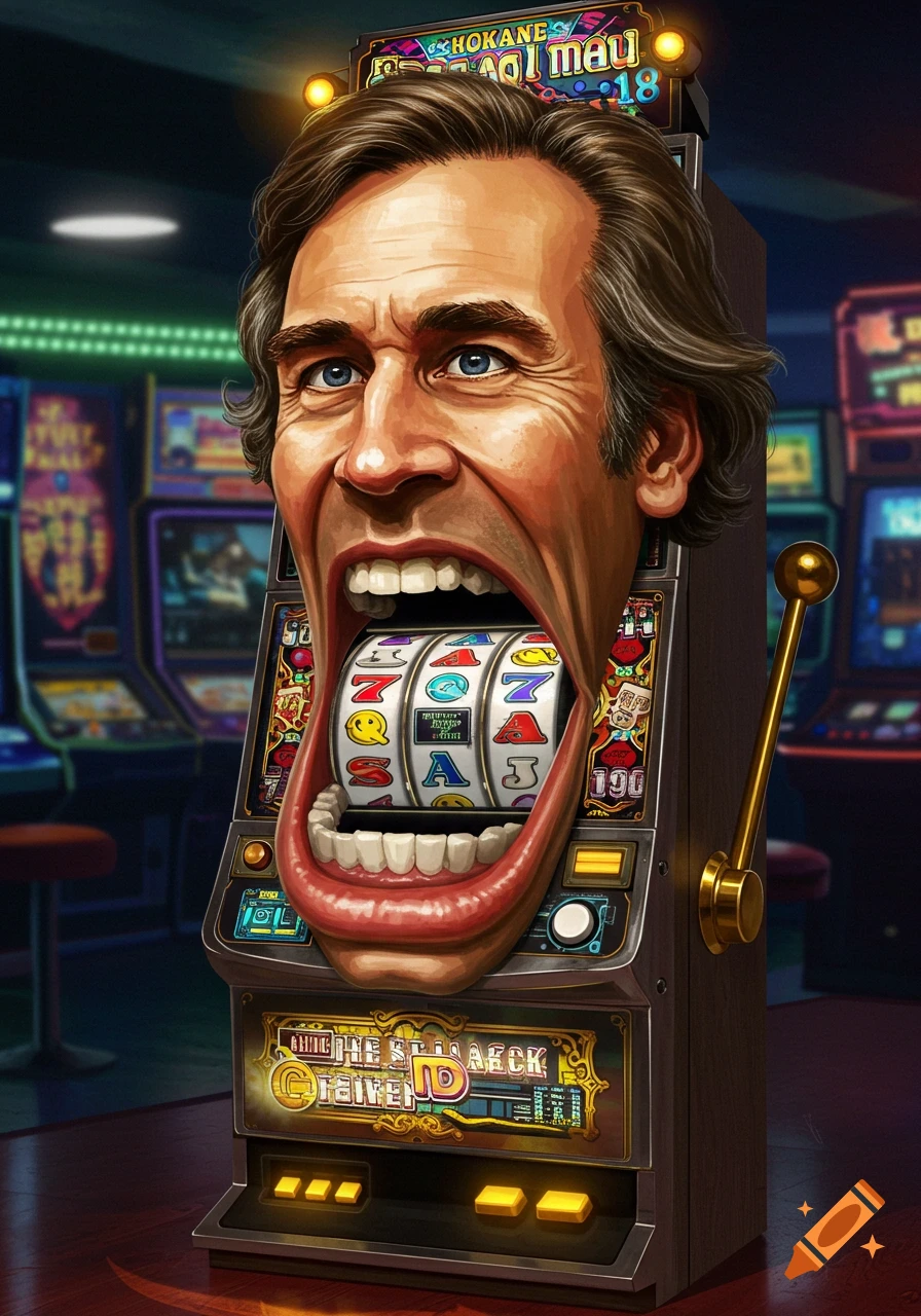 A surreal slot machine with a man's screaming face, mouth open to reveal the spinning reels. Set in a dimly lit casino.