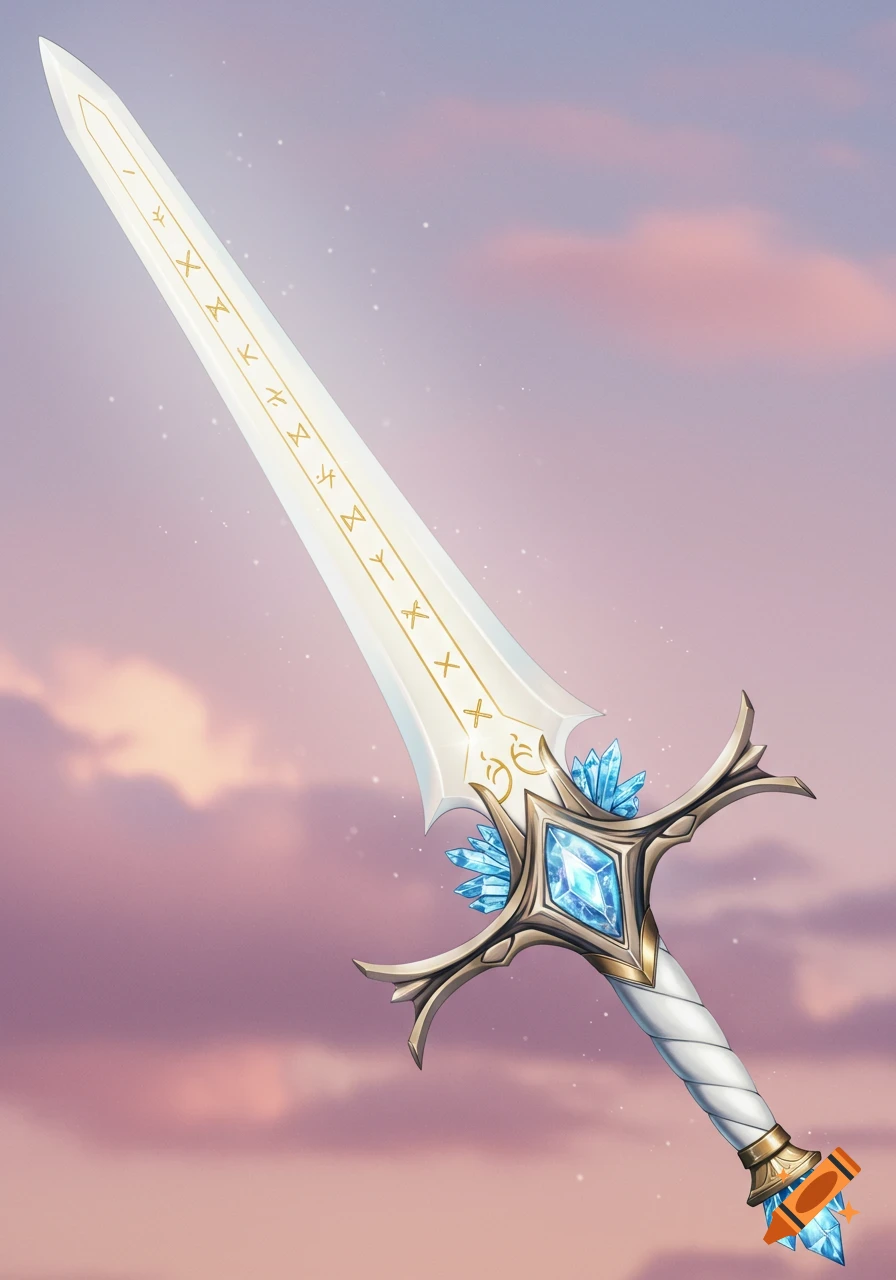 An angelic white steel sword with golden runes and blue crystals on the hilt, set against a pink and purple sky.