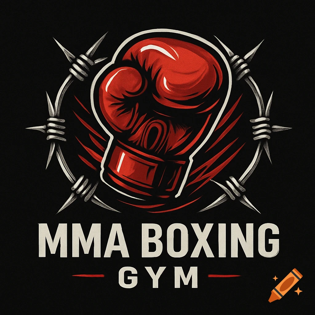 A bold logo featuring a red boxing glove encircled by barbed wire, with "MMA BOXING GYM" text below it on a black background.