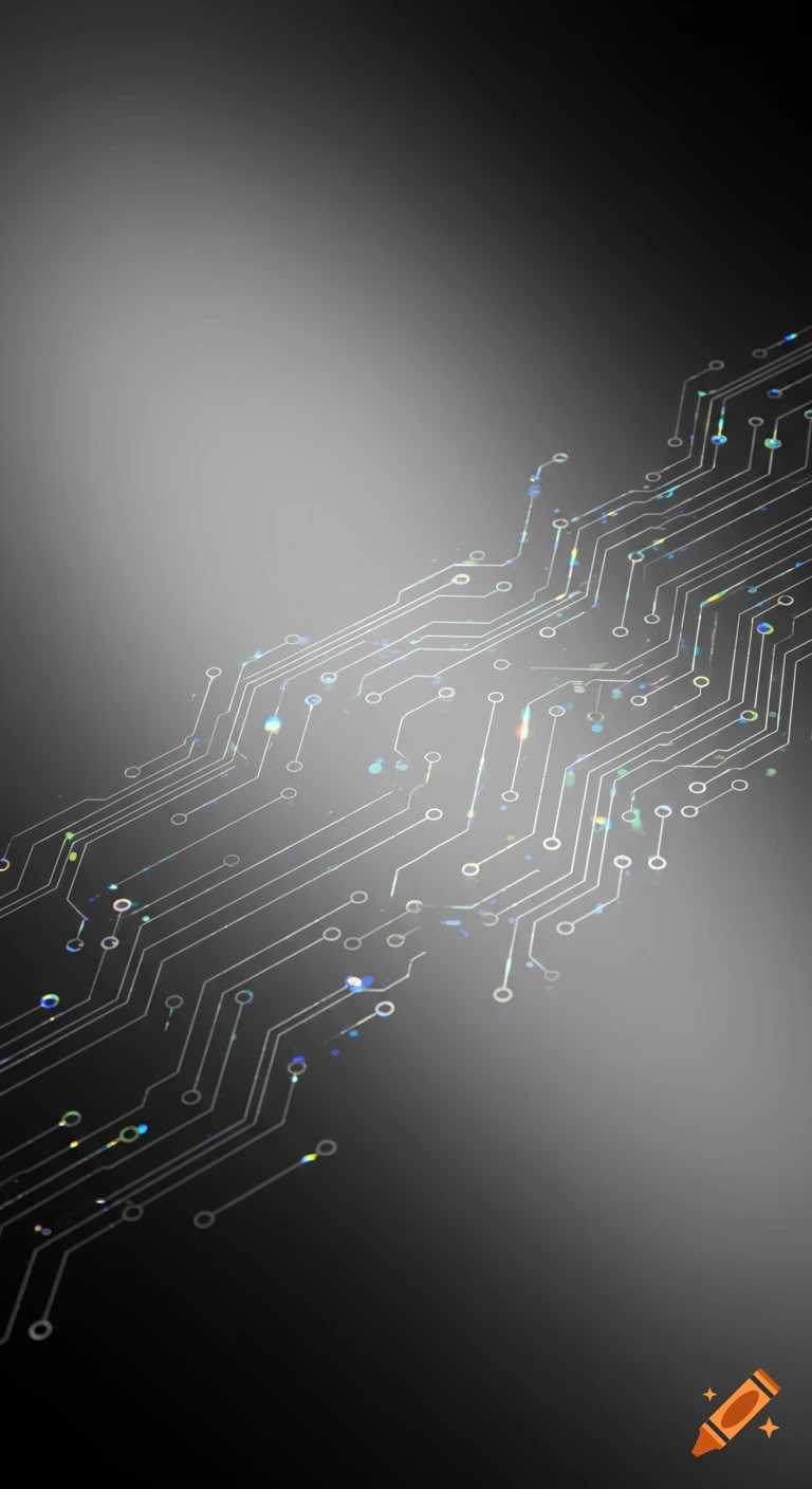 Abstract pattern of glowing white circuit board lines with colorful light reflections on a gradient gray and black background.