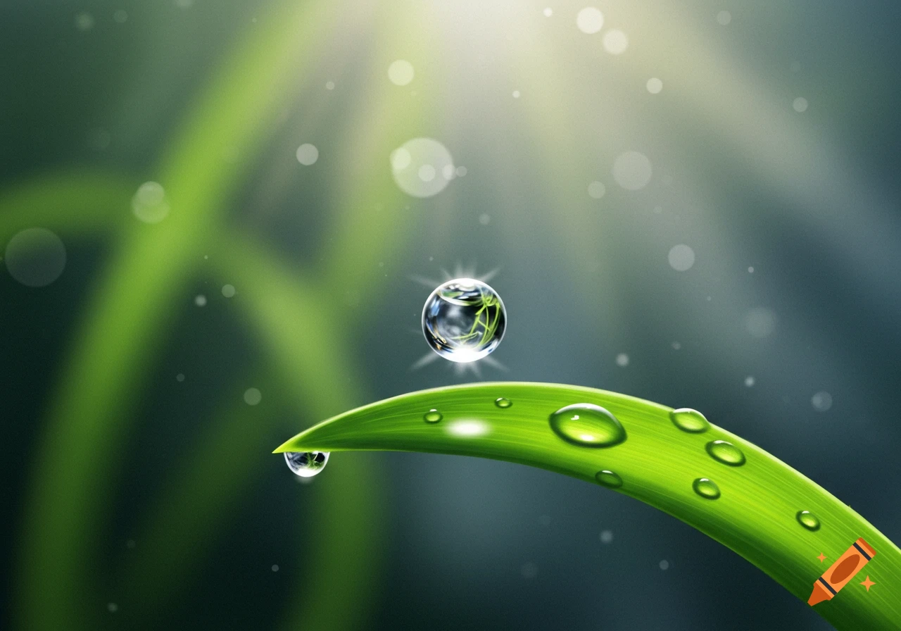 Close-up of a vibrant green leaf with several clear water droplets, one sparkling above the leaf, against a blurred green background.