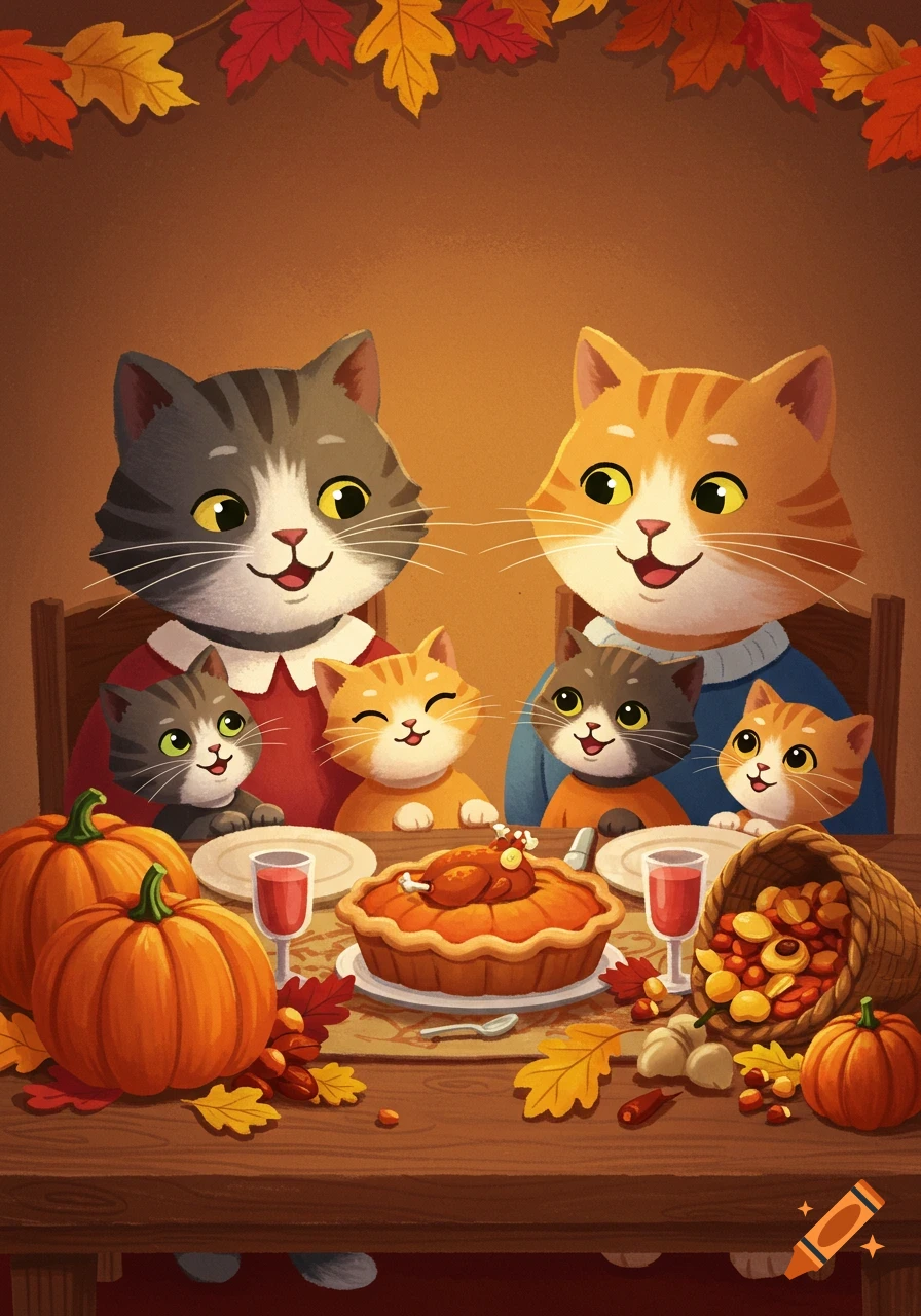 A cute cartoon cat family, including two adult cats and four kittens, gathers around a Thanksgiving dinner table adorned with pumpkins, pies, and fall leaves.