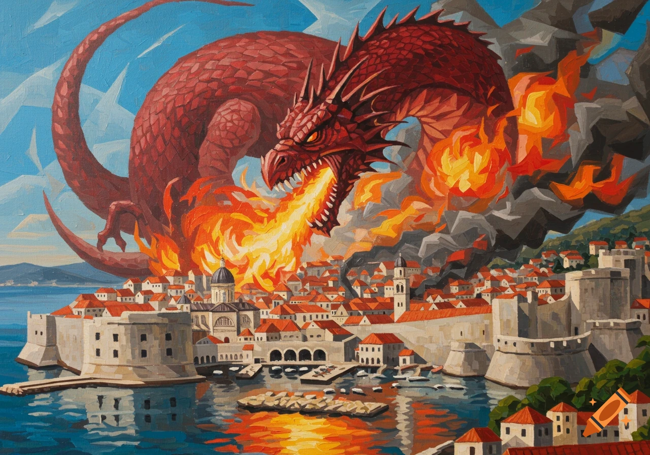 Cubist painting of a red fire-breathing dragon attacking the walled city of Dubrovnik with flames and smoke.