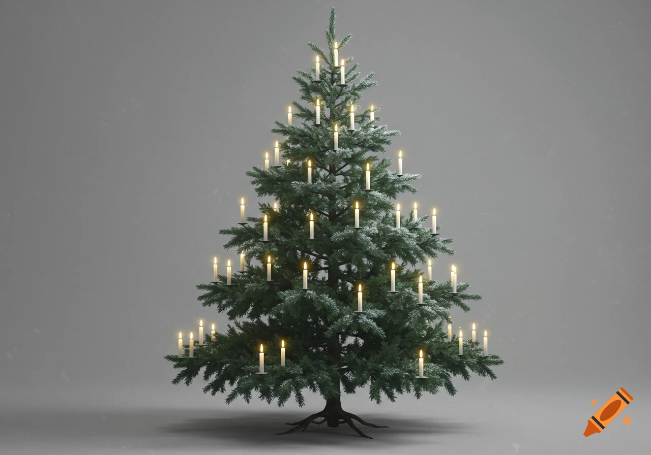 Photorealistic Christmas tree adorned with many lit white candles against a plain gray studio background.