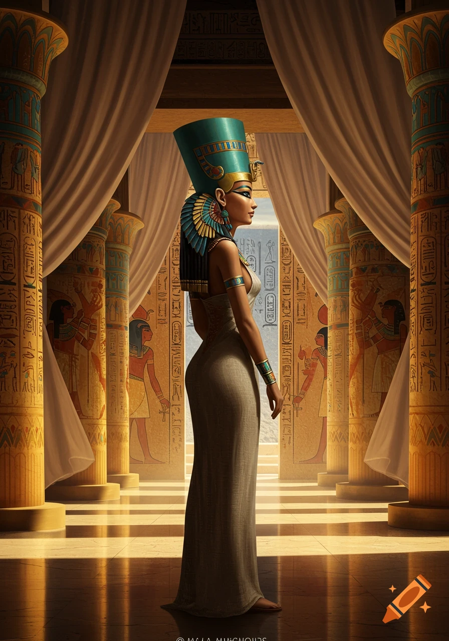 A majestic Egyptian queen in a blue crown and elaborate gold and turquoise jewelry stands in profile amidst sunlit temple columns covered in hieroglyphs.