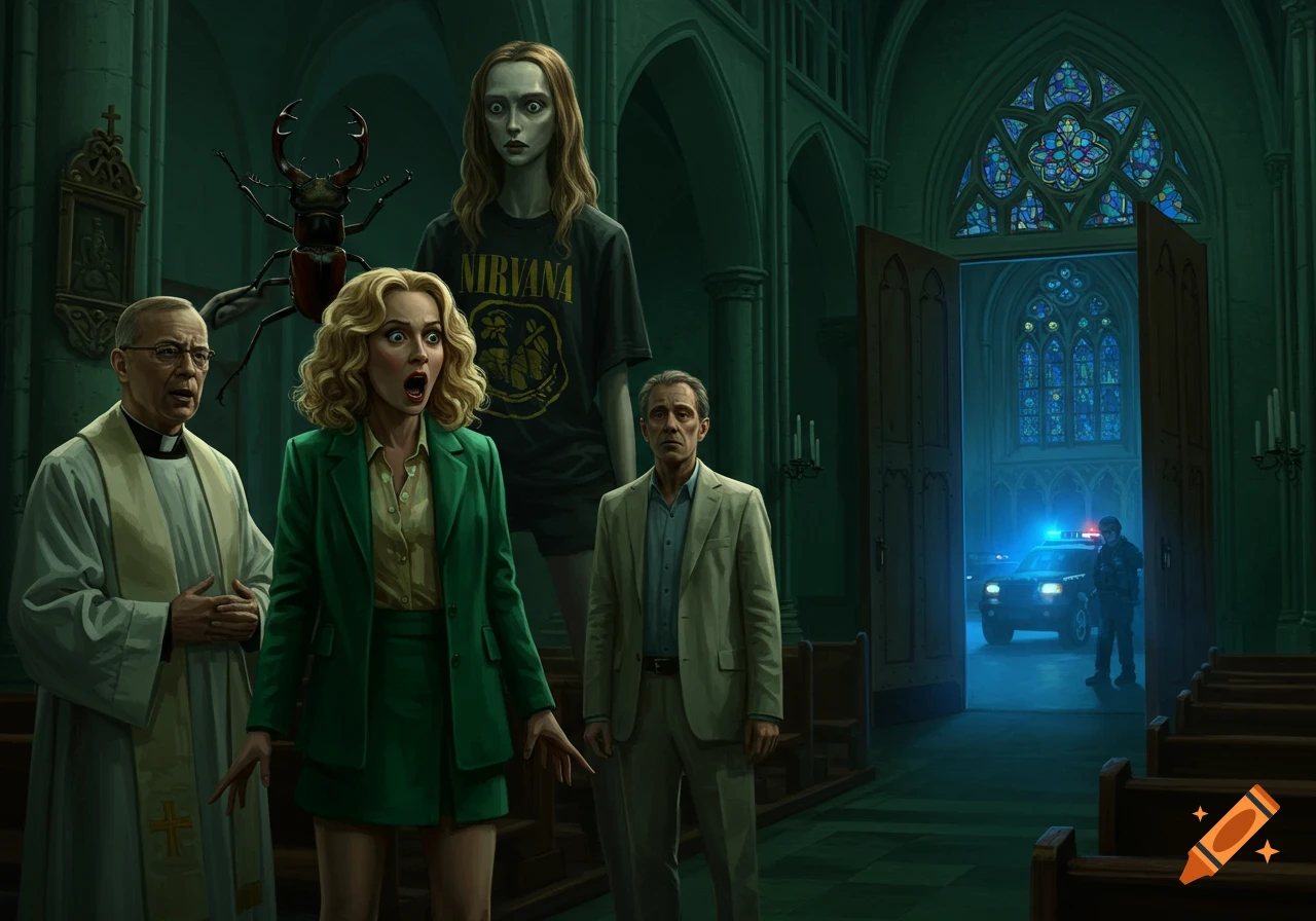 A blonde woman in a green suit screams in a gothic church, facing a priest, a tall woman in a Nirvana shirt with a giant beetle, and a man in a linen suit. Police cars are seen through the open doors.
