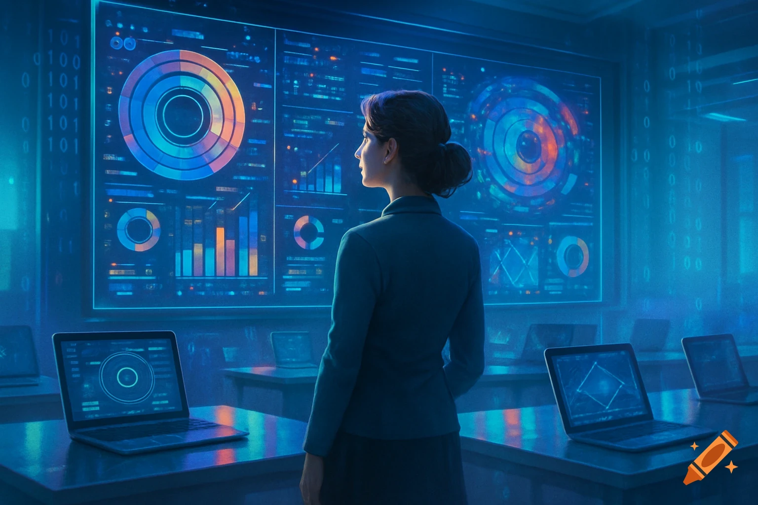 A woman in a teal jacket looks at large, futuristic data screens displaying charts, graphs, and binary code in a dark room with laptops.