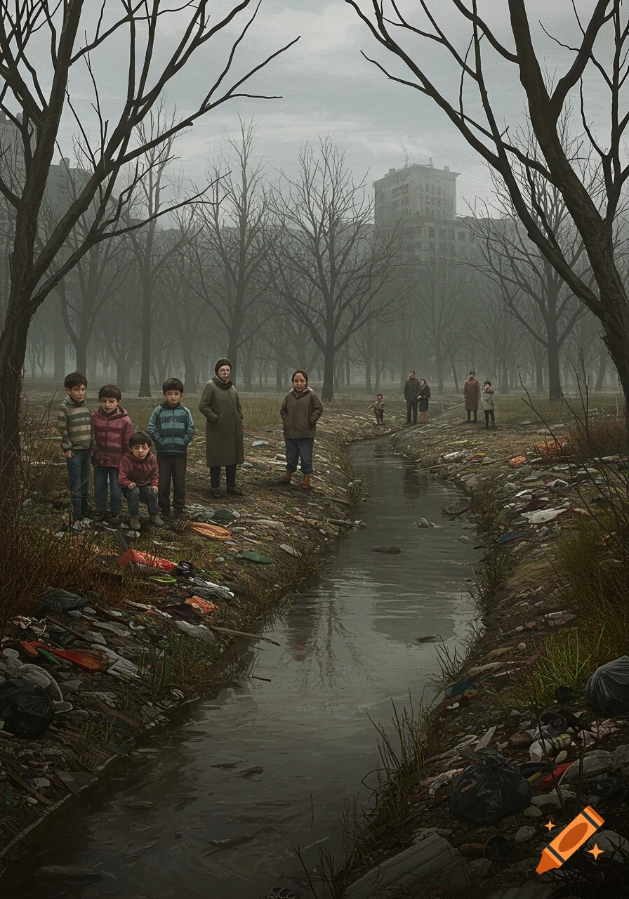 A group of adults and children stand by a trash-filled stream and bare trees under a gray sky, with a distant building.