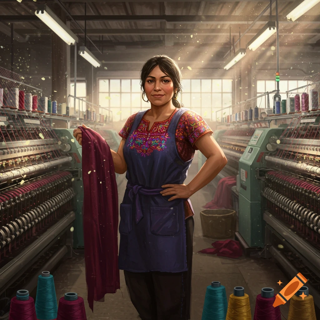 A woman in an apron and embroidered shirt holds purple fabric in a sunlit textile factory.