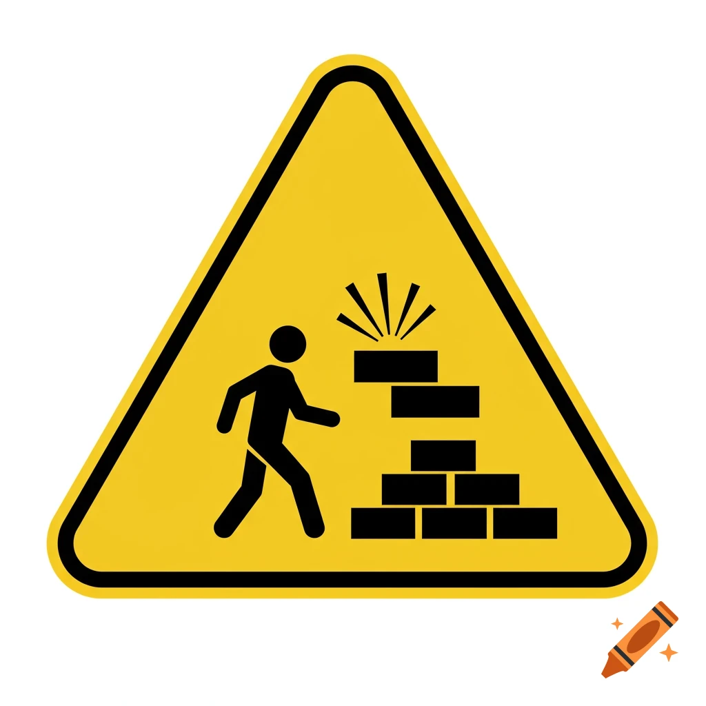 Yellow triangular warning sign with a black border showing a person walking past falling black bricks.