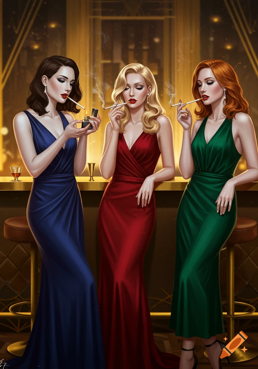 Digital painting of three elegant women in evening gowns (blue, red, green) smoking at an Art Deco bar, one lighting a cigarette.