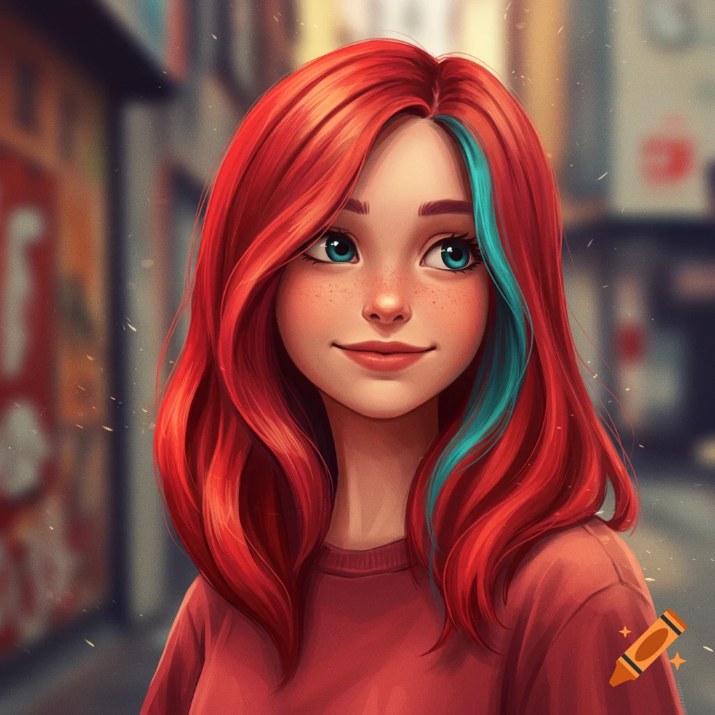 A stylized portrait of a smiling girl with long red hair, a blue streak, freckles, and blue eyes, against a blurred city background.
