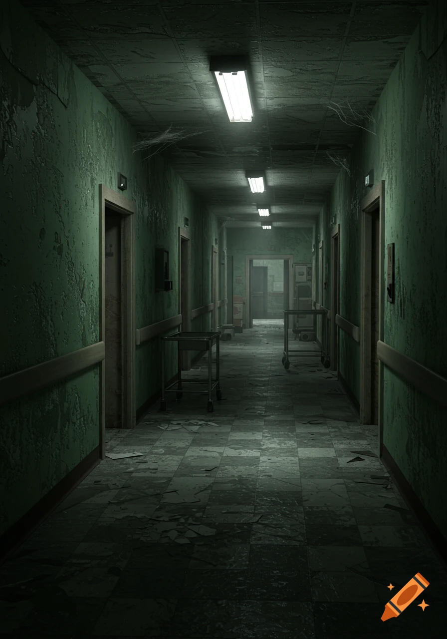 A dark, eerie, abandoned hospital hallway with peeling green walls, broken floor tiles, and dim fluorescent lights.