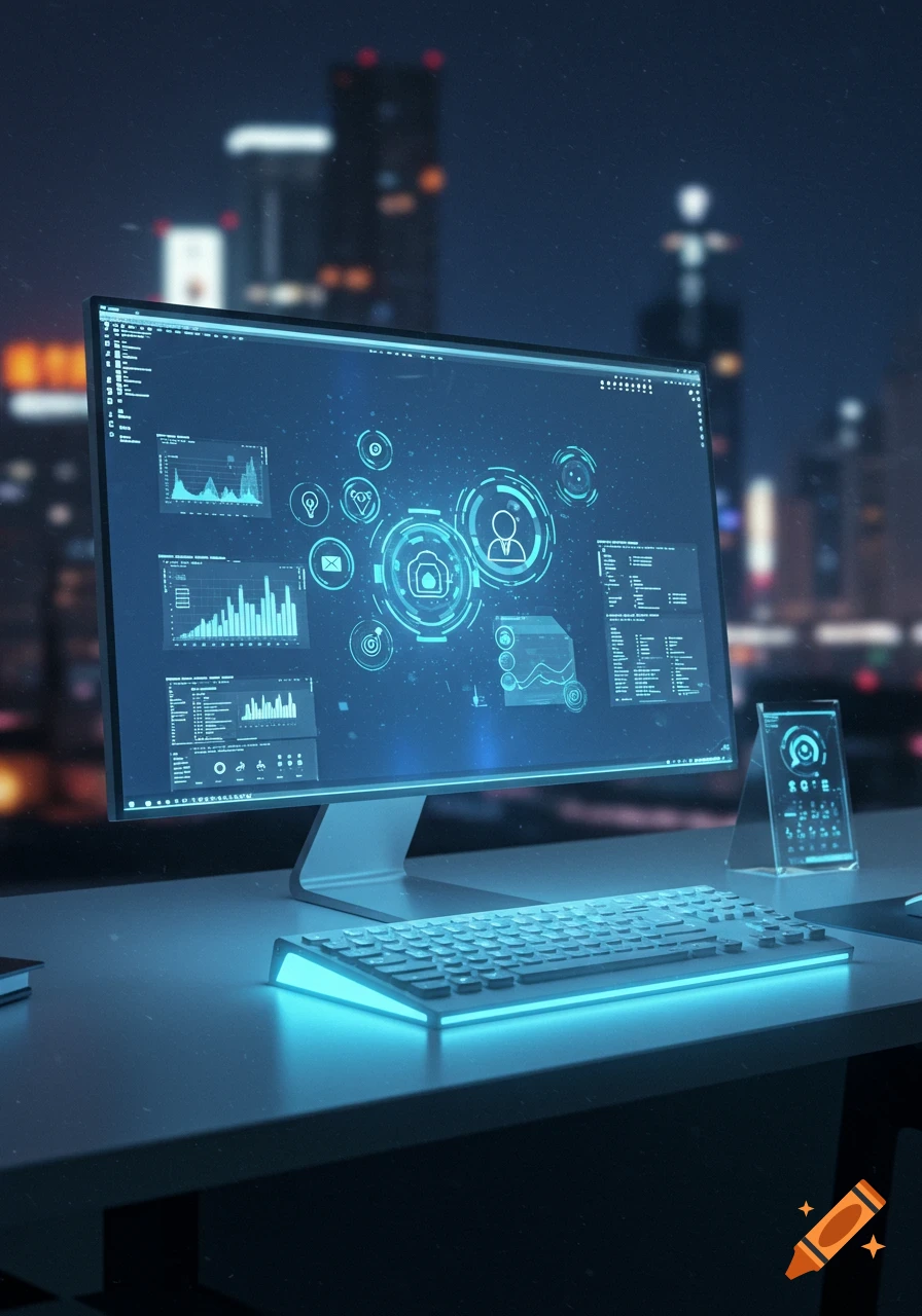 A modern computer setup with a glowing screen displaying futuristic blue data interfaces and icons, against a blurry night city skyline.