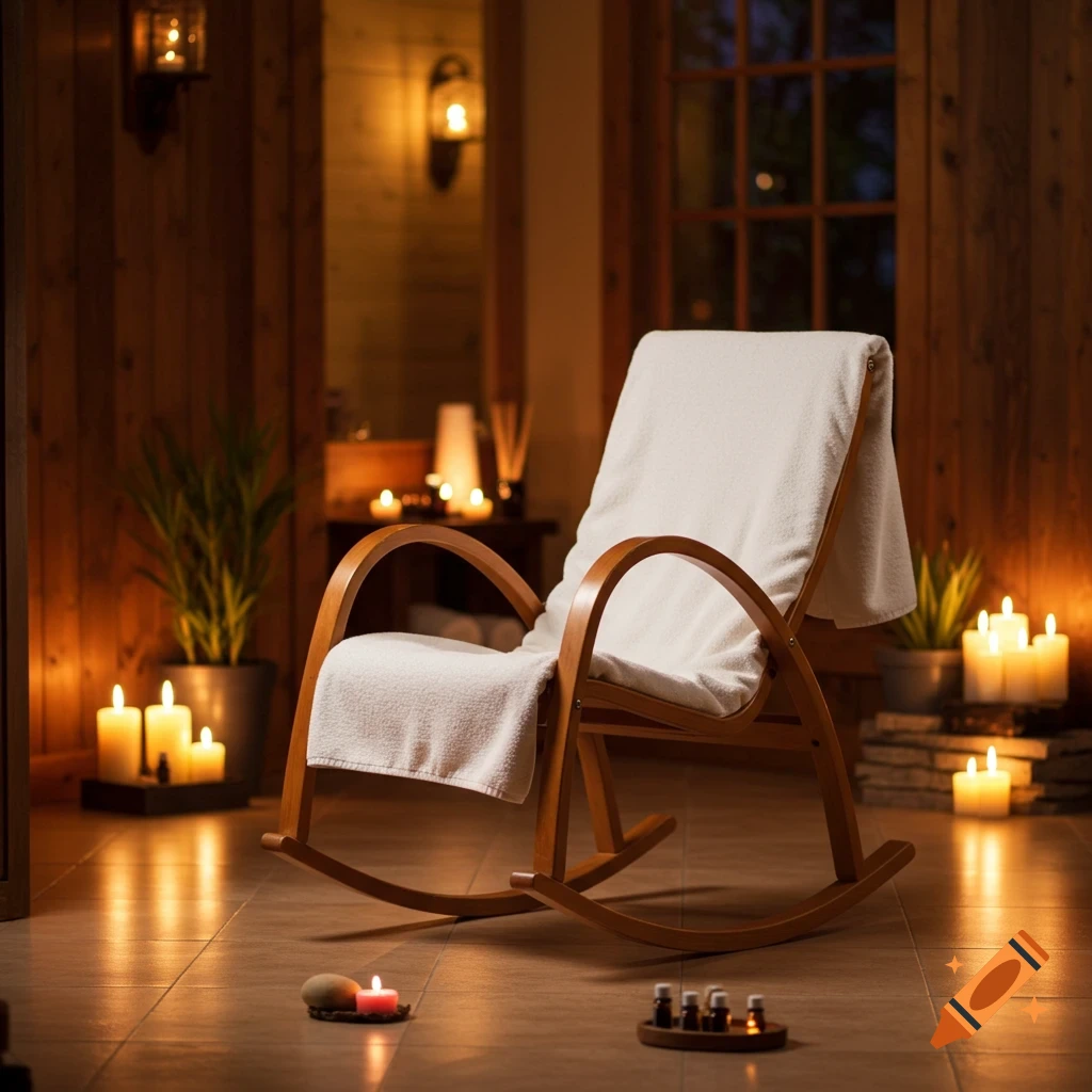 A cozy wooden rocking chair with white towels in a dimly lit spa room, surrounded by glowing candles and plants.