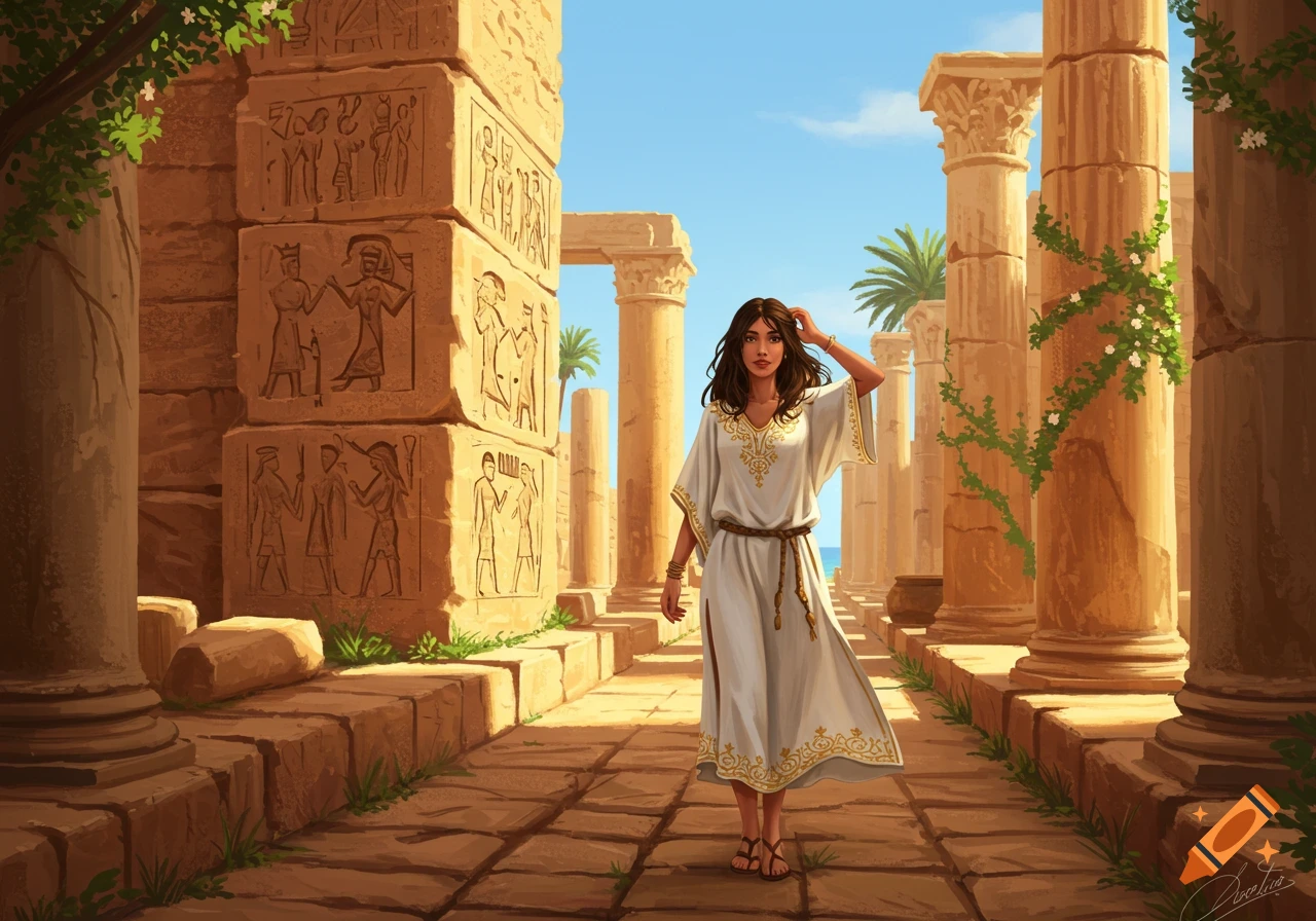 A young woman in a white dress walks through ancient sunlit ruins with pillars, hieroglyphs, and the sea in the background, in a digital art style.