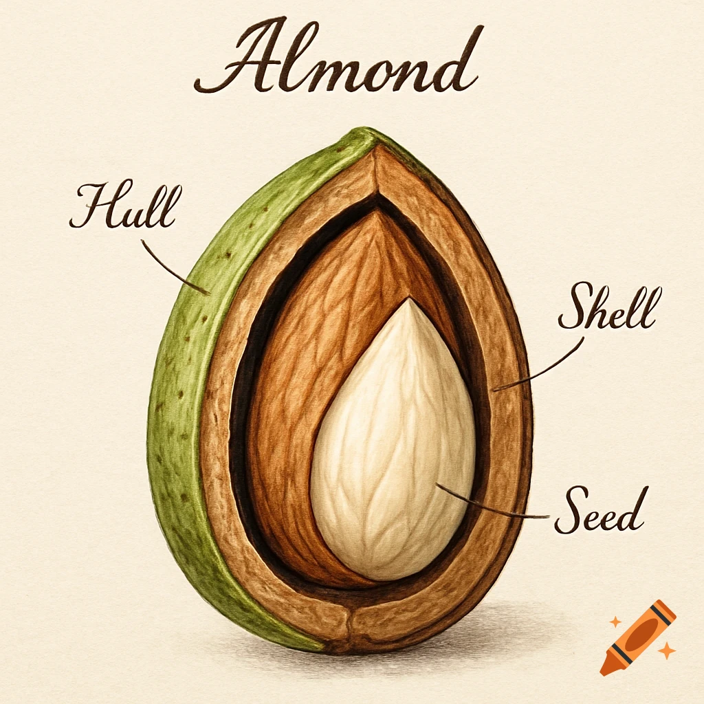 Detailed botanical illustration of an almond cross-section, labeled with hull, shell, and seed.