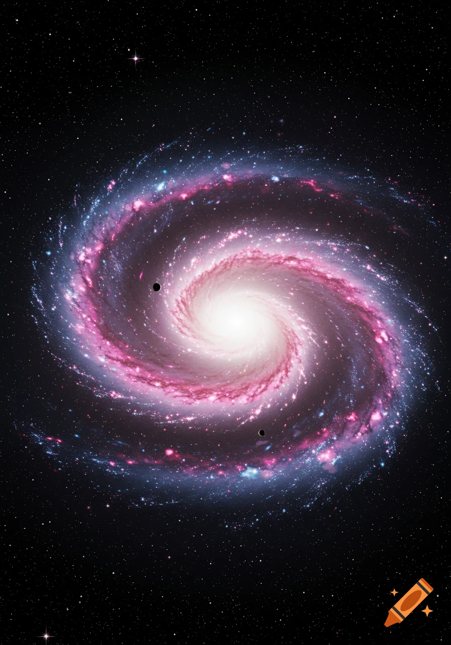 A vibrant spiral galaxy with pink and blue star-forming regions, against a dark starry background.