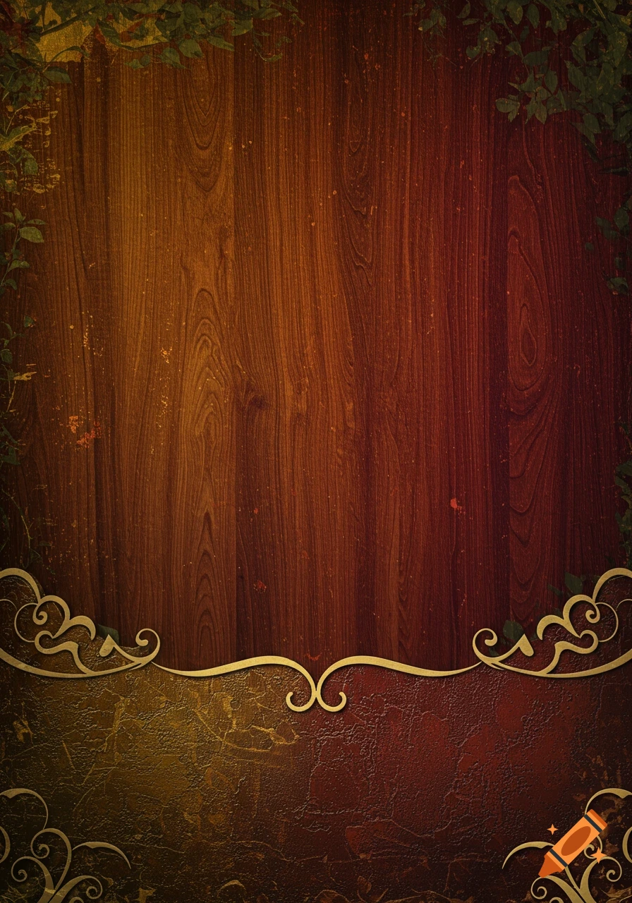 Ornate menu background with rich wooden texture, gold filigree, and subtle green leaves.