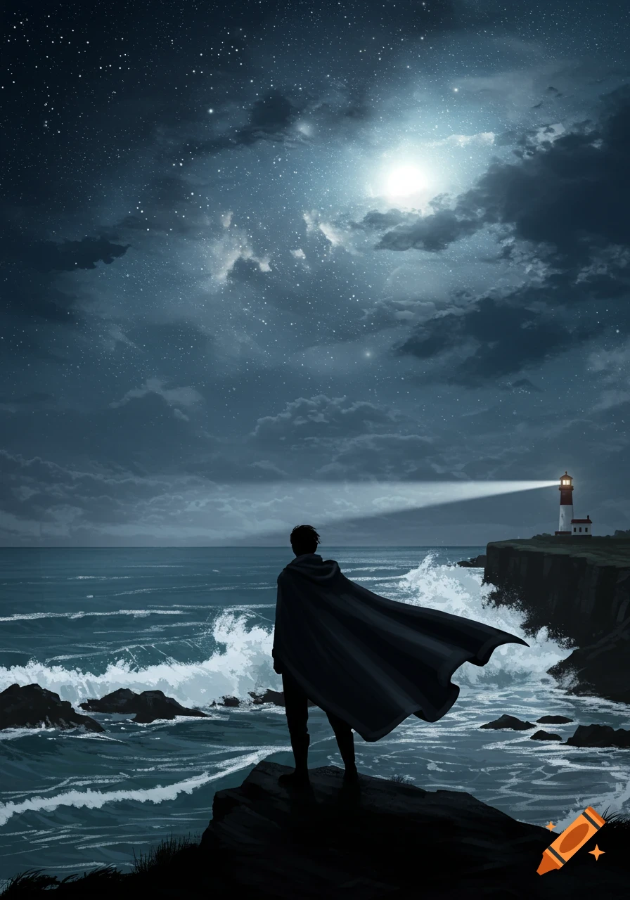 Illustrated man in a cape stands on a cliff, looking out at a stormy ...