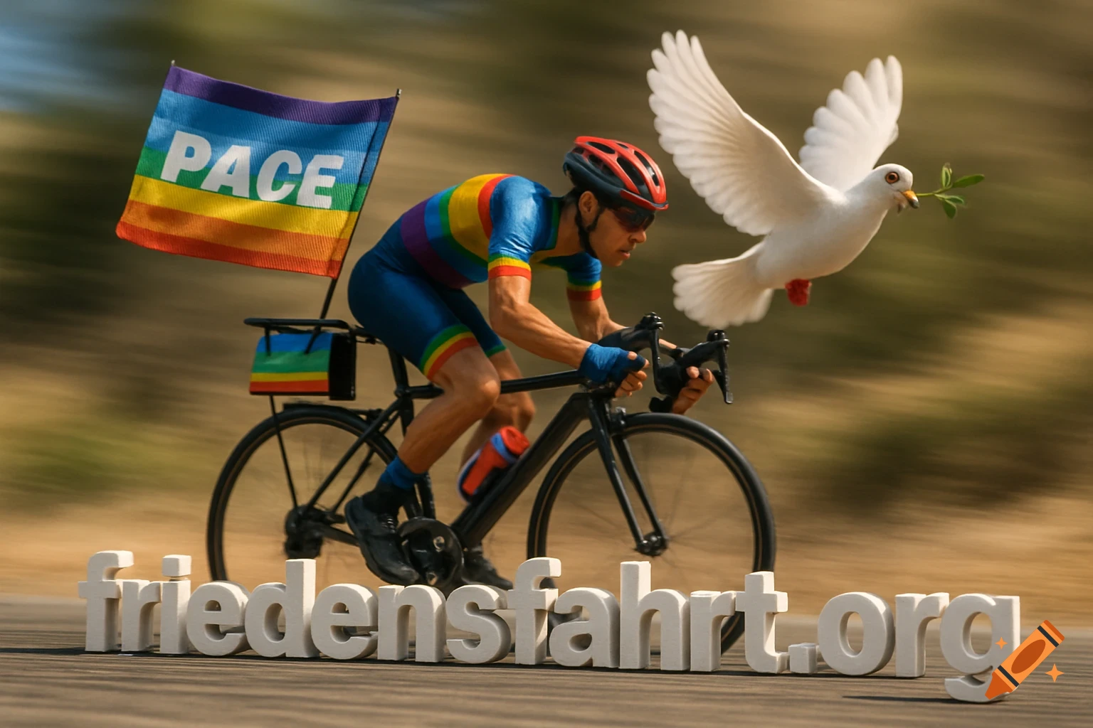 Photorealistic image of a cyclist in rainbow gear with a 'PACE' flag, a dove carrying an olive branch, and 'friedensfahrt.org' text on the ground.