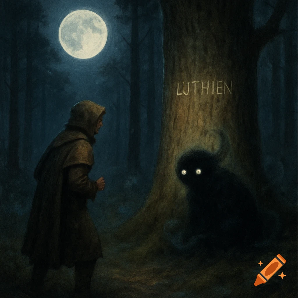 Hooded figure facing a shadowy creature by a tree with 'LUTHIEN' carved, in a dark forest under a full moon, painterly style.