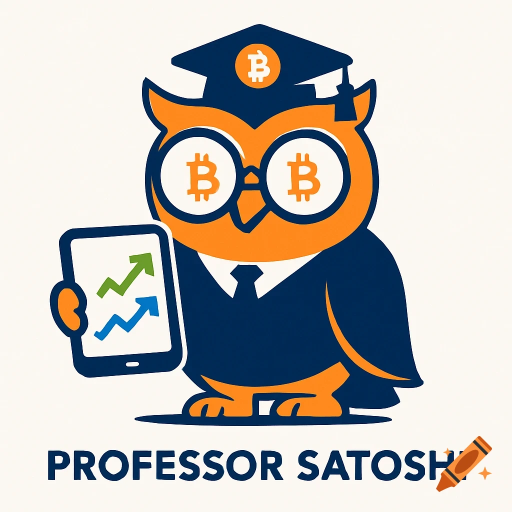 A 2D vector mascot of an orange and navy blue owl wearing a graduation cap and tie, holding a phone with crypto charts. Text: "PROFESSOR SATOSHI".