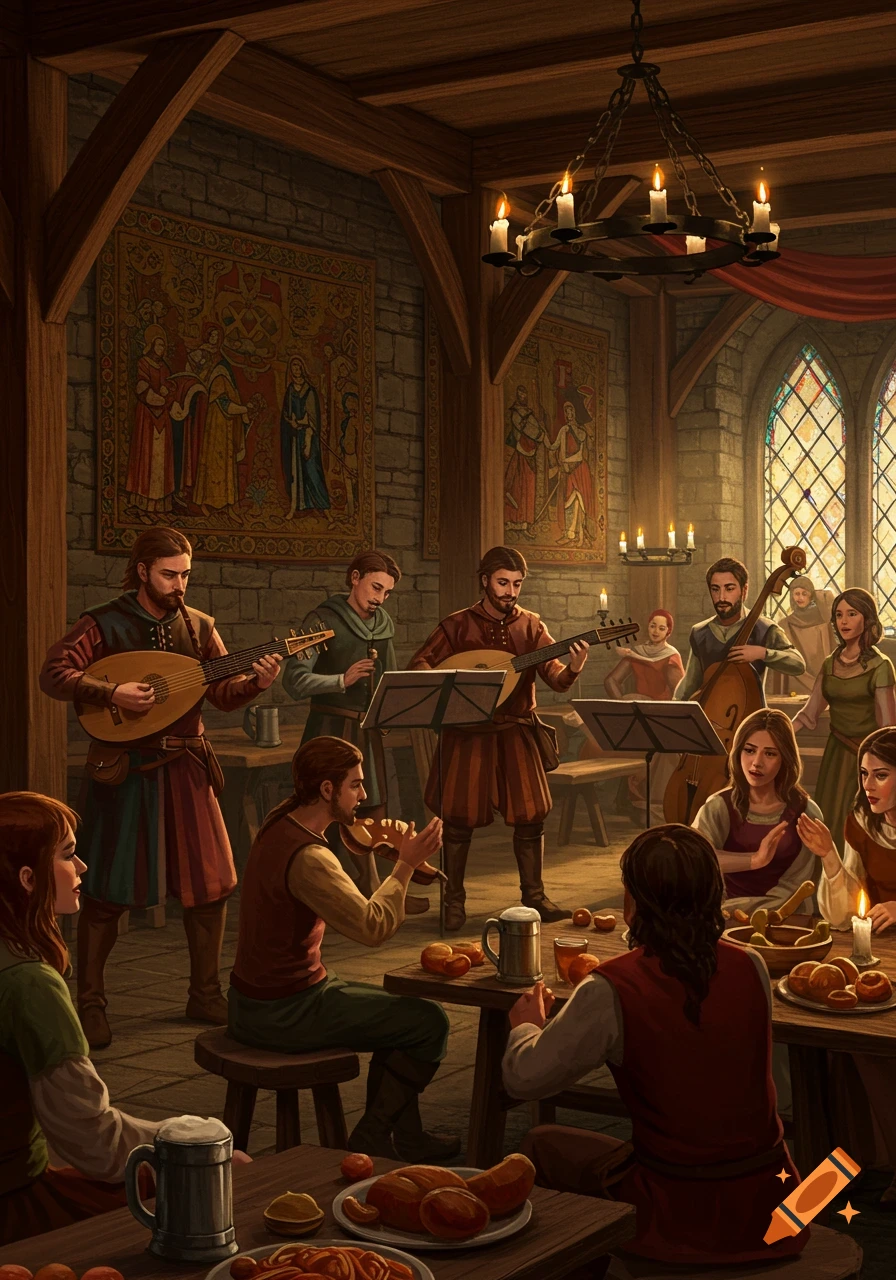 A lively medieval tavern scene with musicians playing lutes and violins for patrons eating and drinking at wooden tables.
