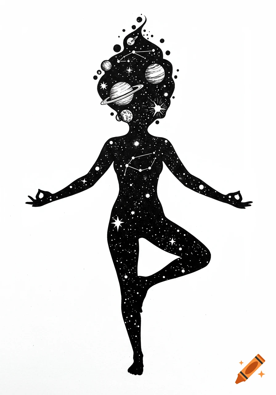 Black and white illustration of a yoga woman silhouette with her head as planets and constellations, body filled with stars.