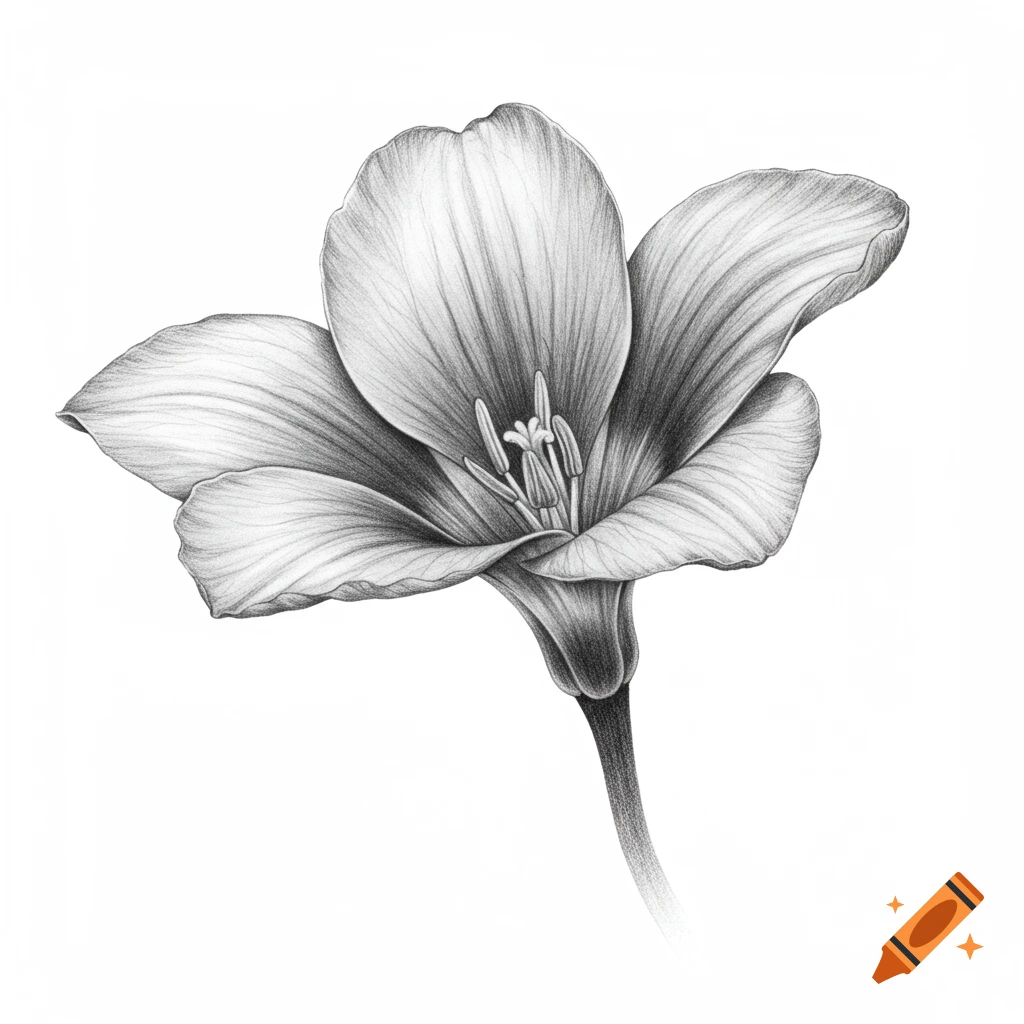 A detailed black and white pencil drawing of a Mariposa Lily flower with delicate petals and prominent stamens.