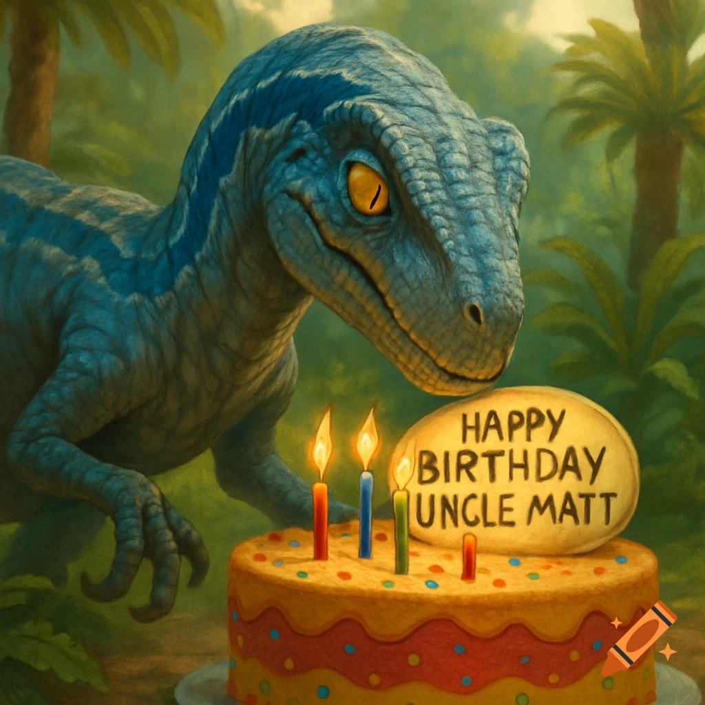 An illustrated blue raptor from Jurassic World stands next to a birthday cake with candles and a 'HAPPY BIRTHDAY UNCLE MATT' sign in a jungle.