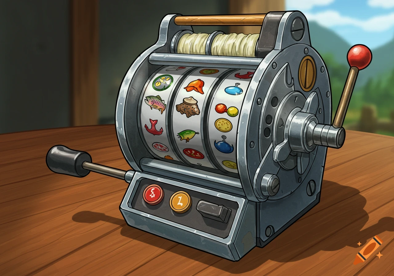 A cartoon-style illustration of a 3-reel slot machine designed like a fishing reel, with fishing-themed symbols, on a wooden table.