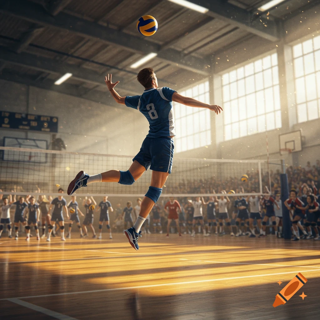 A male volleyball player wearing number 8 spikes a ball in mid-air during a game on an indoor court, with spectators in the background. Photorealistic style.