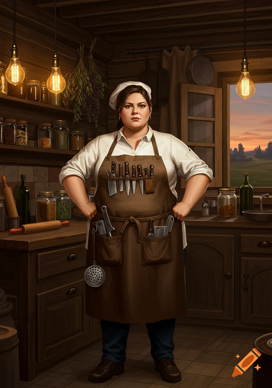 A heavyset female chef in a rustic kitchen, wearing a chef's hat and an apron filled with knives and kitchen tools.
