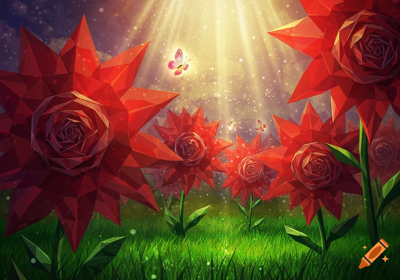 Vibrant geometric red flowers in a sun-drenched garden, with butterflies fluttering amidst sparkling light.