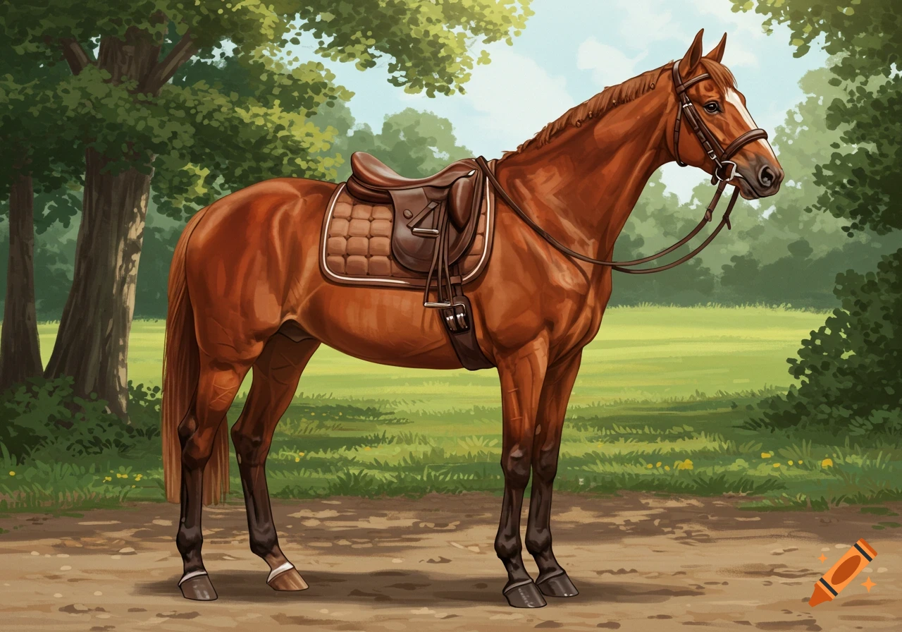 A brown horse with a white blaze stands in a grassy field, wearing a brown saddle and bridle, with trees in the background.