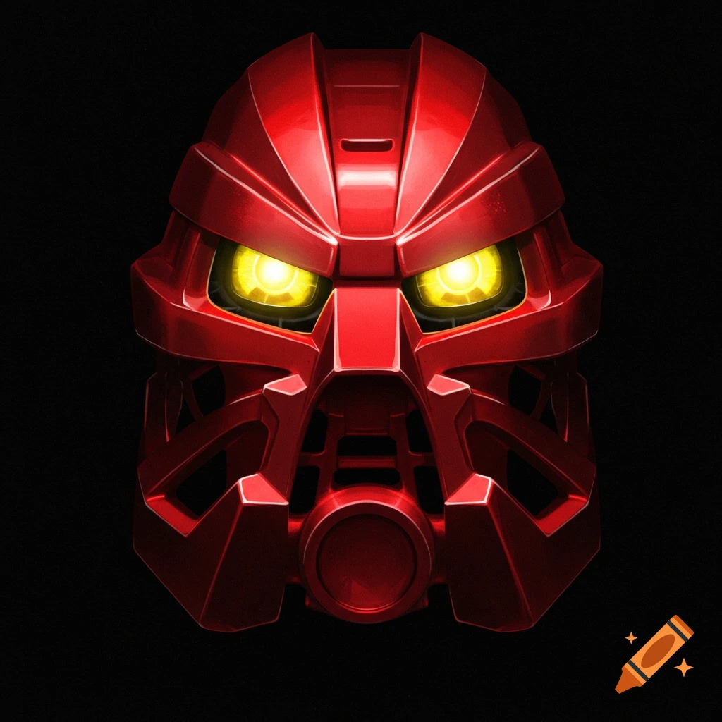 An angry-looking red Bionicle mask with glowing yellow eyes stares forward on a black background.