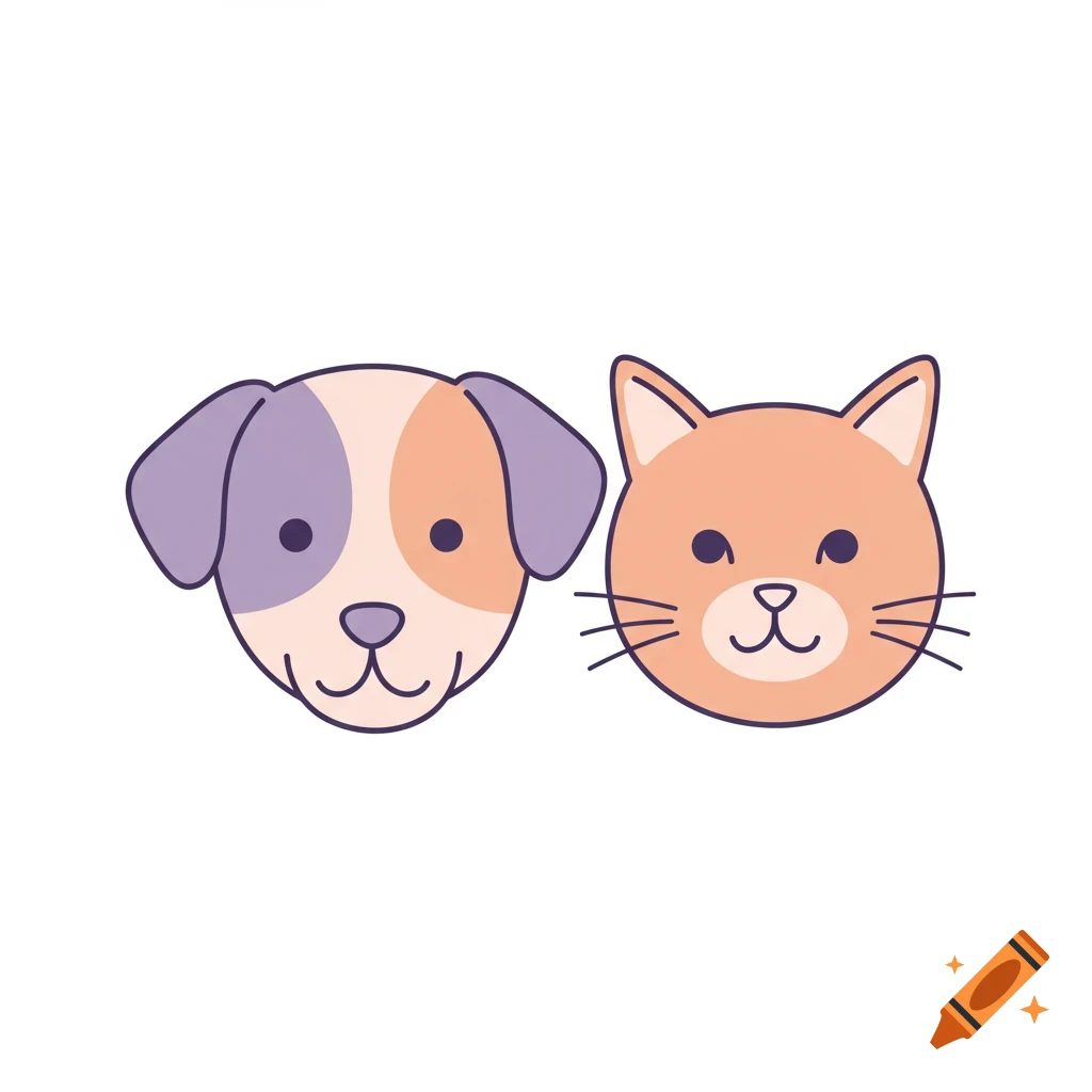 Minimalist line art illustration of a friendly dog and cat head side by side, in muted pastel colors on a white background.