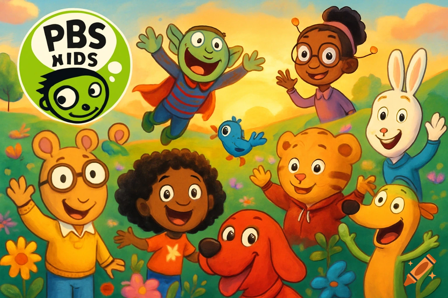 A vibrant illustration of many smiling PBS Kids cartoon characters, including Arthur, Daniel Tiger, Clifford, and others, against a green and orange landscape.
