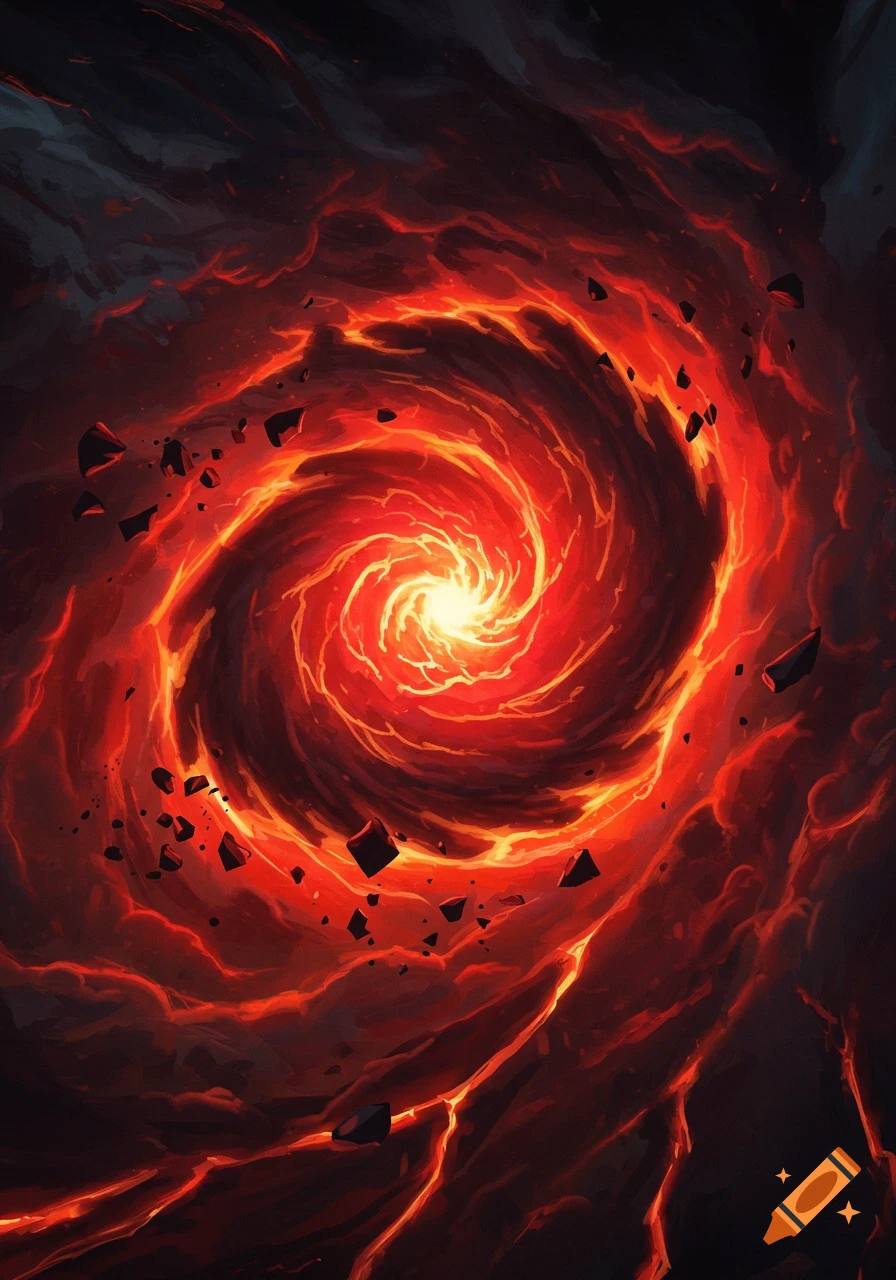 A vibrant, swirling vortex of red and orange flames and glowing energy with dark rock fragments, representing anger.