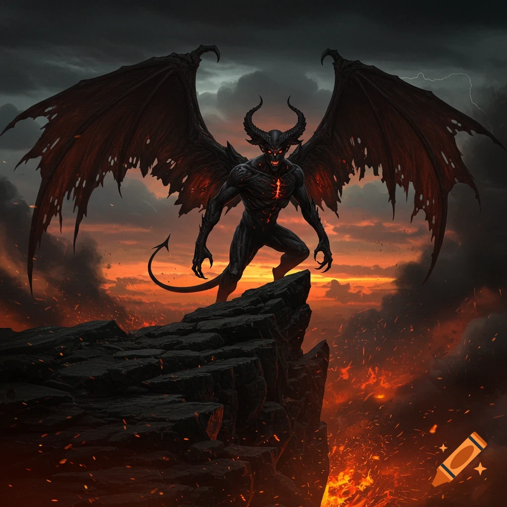 A dark fantasy illustration of a horned, winged demon standing on a cliff above a fiery, hellish landscape at dusk.