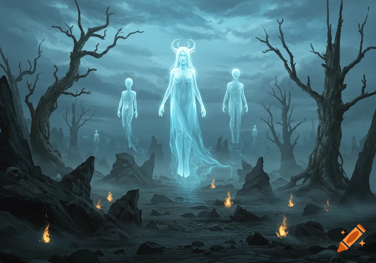 Ethereal horned goddess floats with two ghostly figures in a desolate landscape with dead trees and fires under a stormy sky, fantasy art.