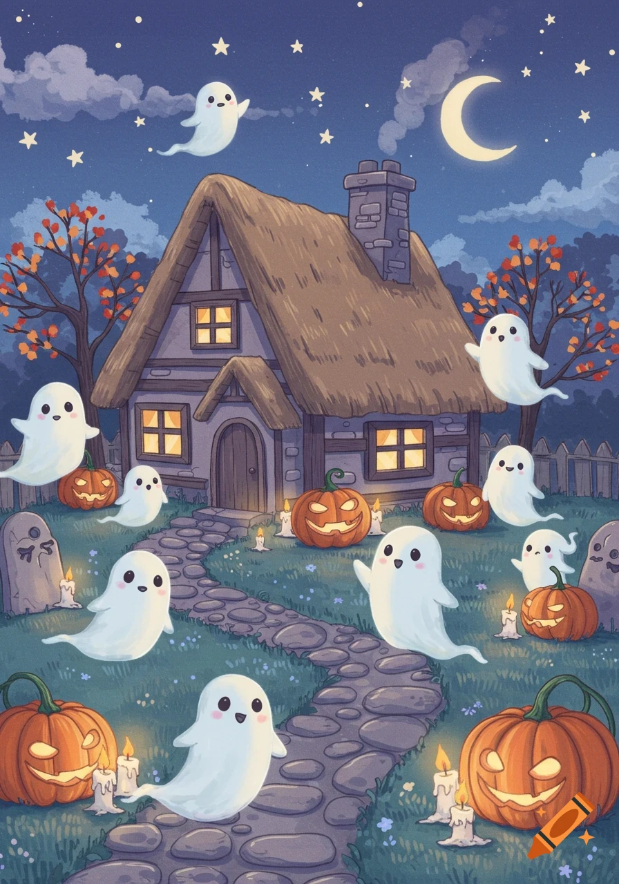 A charming cartoon illustration of a cozy cottage at night, surrounded by cute white ghosts, jack-o'-lanterns, and lit candles. A crescent moon and stars are in the sky.