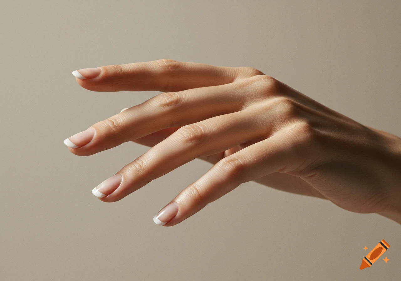Photorealistic close-up of a hand with a french manicure, showing skin texture, against a neutral background.