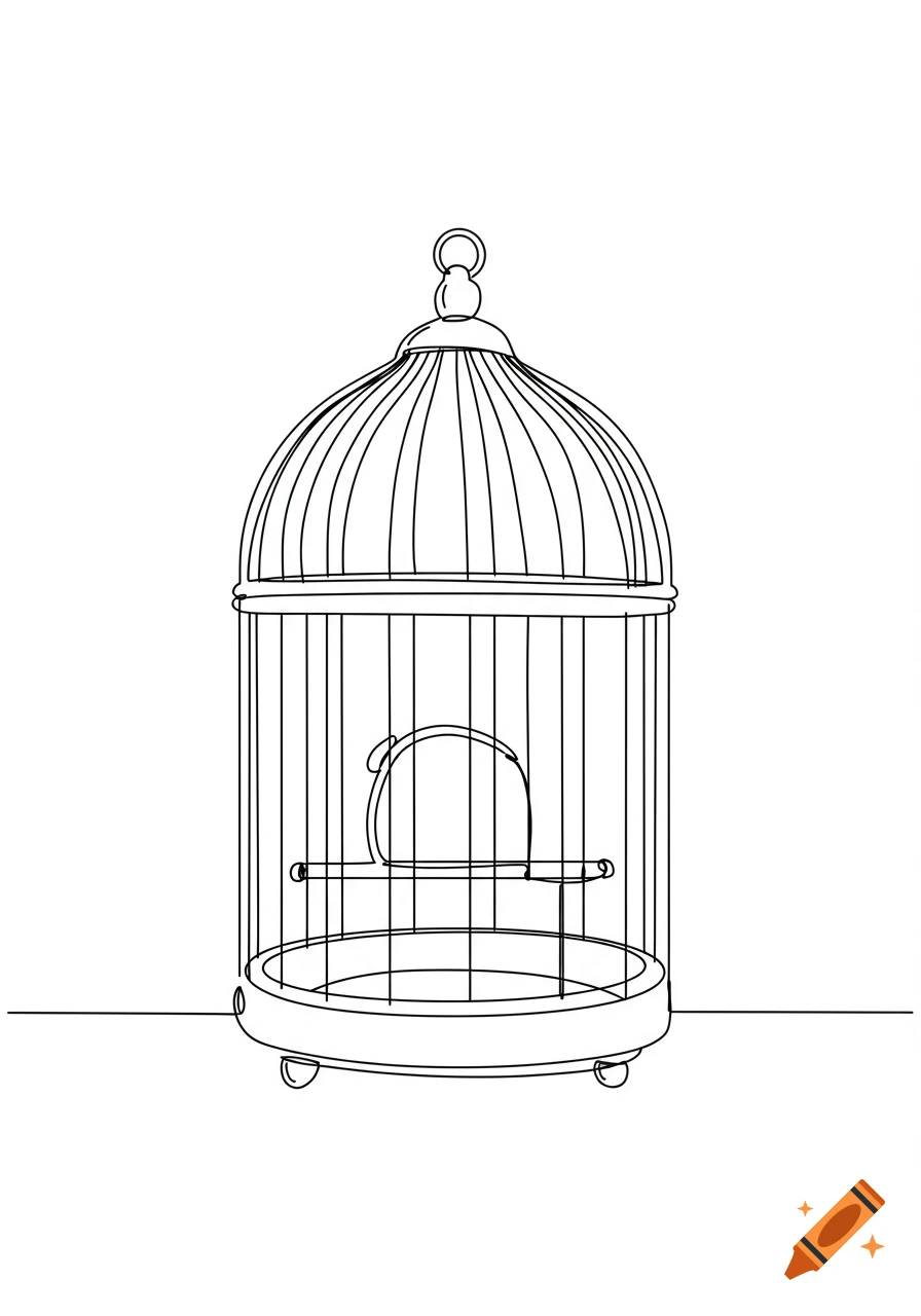 A simple black and white line drawing of an empty bird cage with a perch inside.