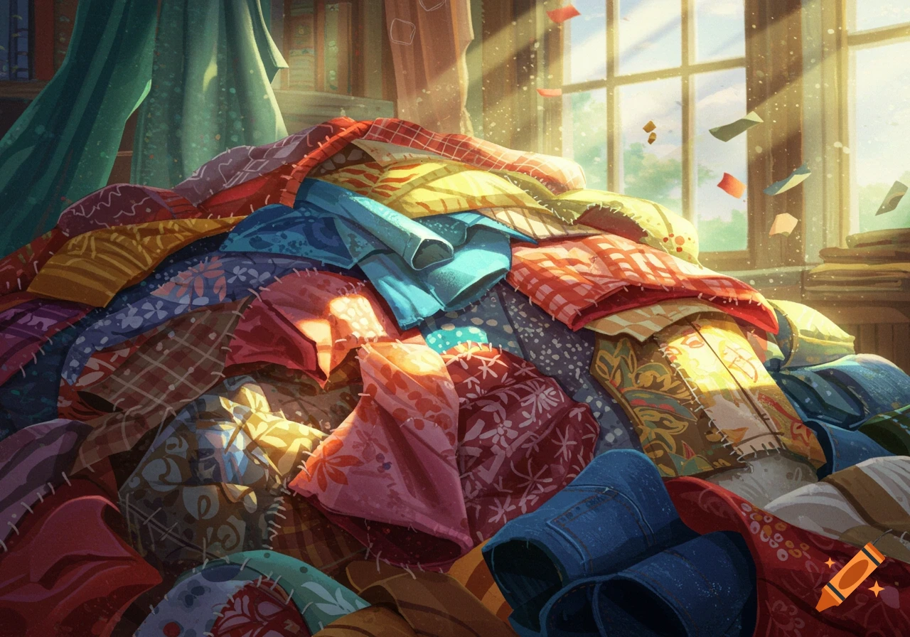 Vibrant illustration of a large pile of colorful patterned fabrics and clothing bathed in sunlight from a window.