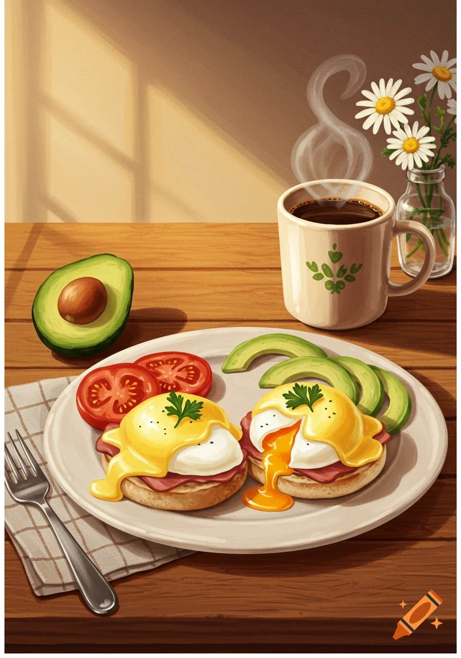 Illustrative painting of a breakfast spread with Eggs Benedict, avocado, tomatoes, a steaming coffee mug, and daisies on a wooden table.